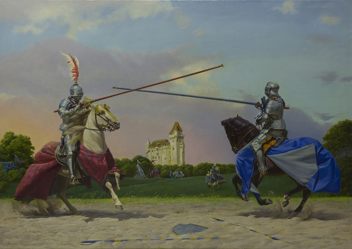 Конный поединок красного и синего рыцарей - 1,  Олег Николаев, Купить картину Масло