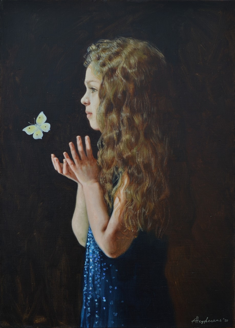 Девочка и белая бабочка - 1, Александра Недзвецкая, Купить картину Масло