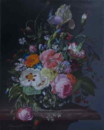 Рашель Рюйш. Натюрморт с цветами на мраморном столе