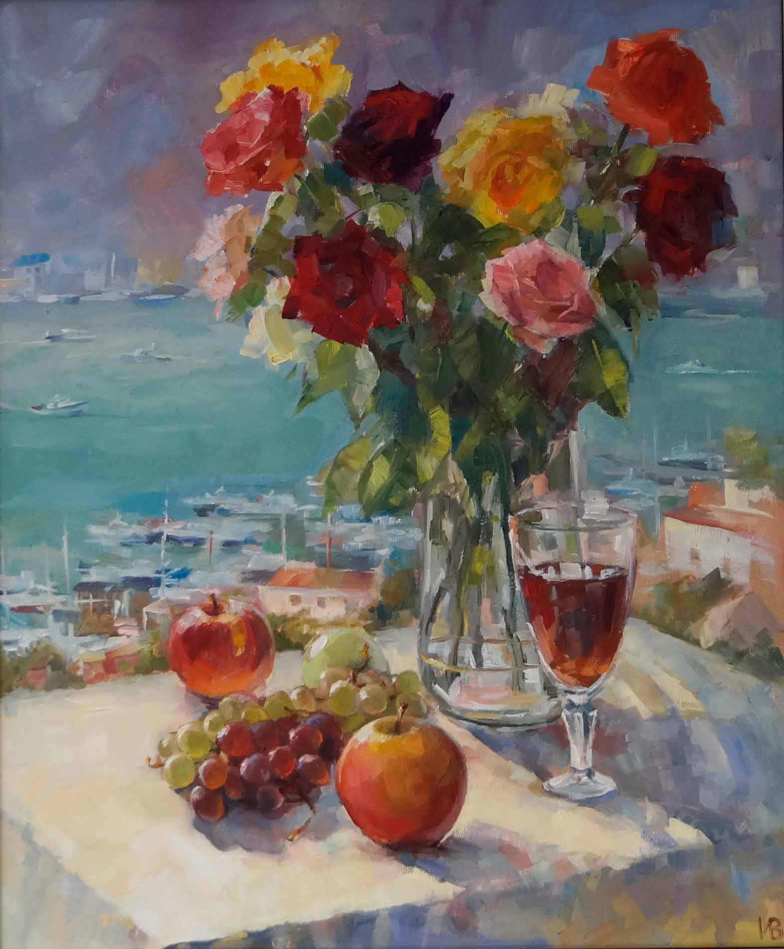 Букет роз с бокалом - 1, Ирина Волостникова , Купить картину Масло