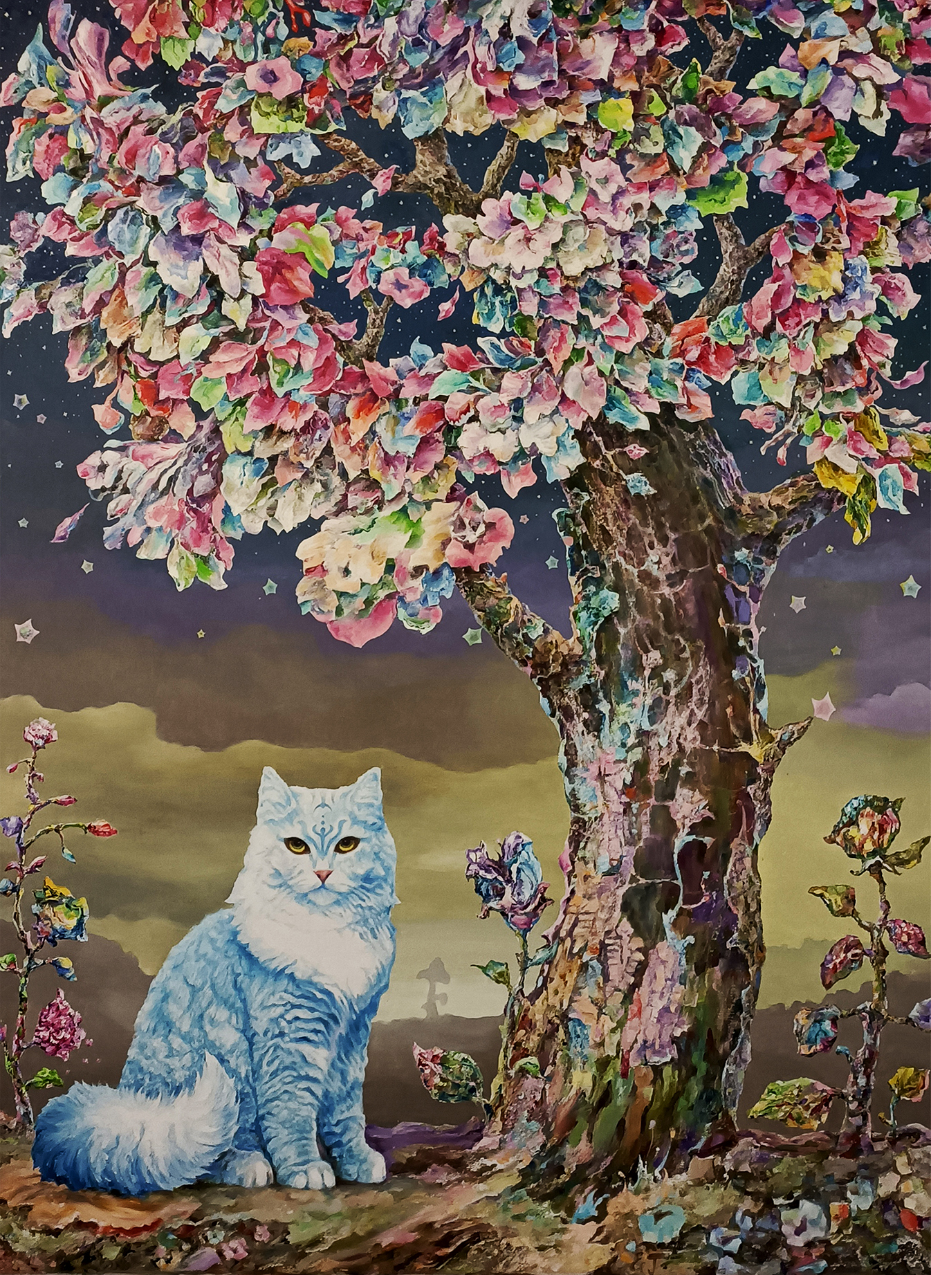 Портрет голубого кота с розовым деревом - 1, Евгений Гусельников, Купить картину Масло