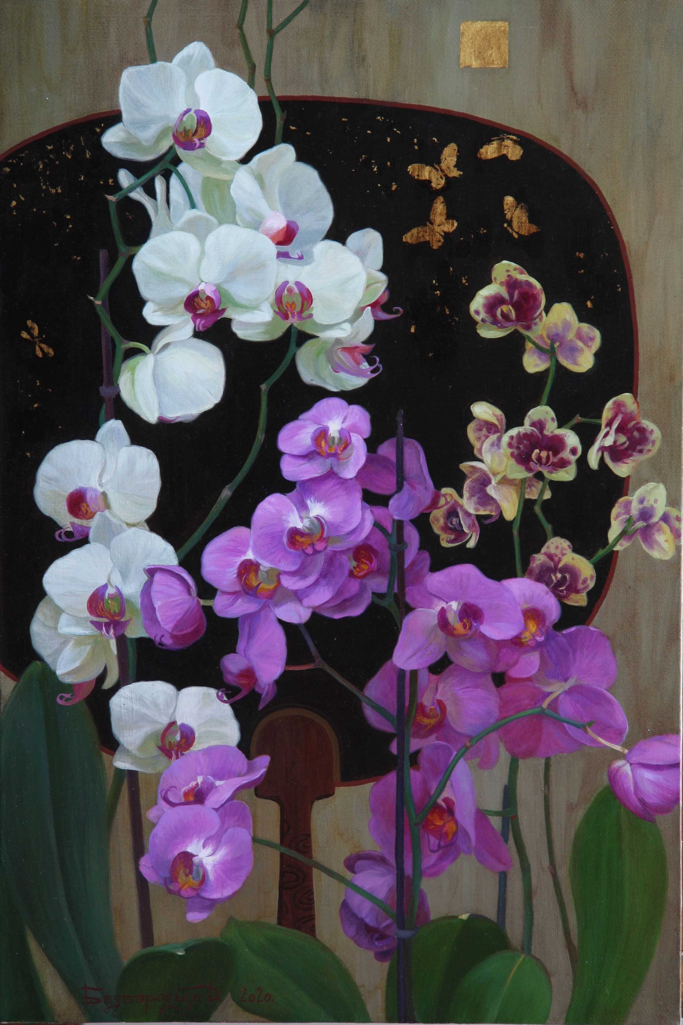 Орхидеи и чёрный веер - 1, Дина Безбородых, Купить картину Масло