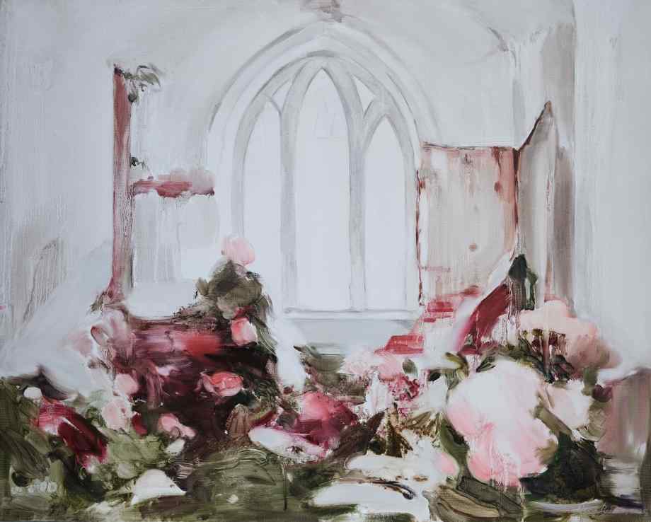 Temple and Flowering Bushes